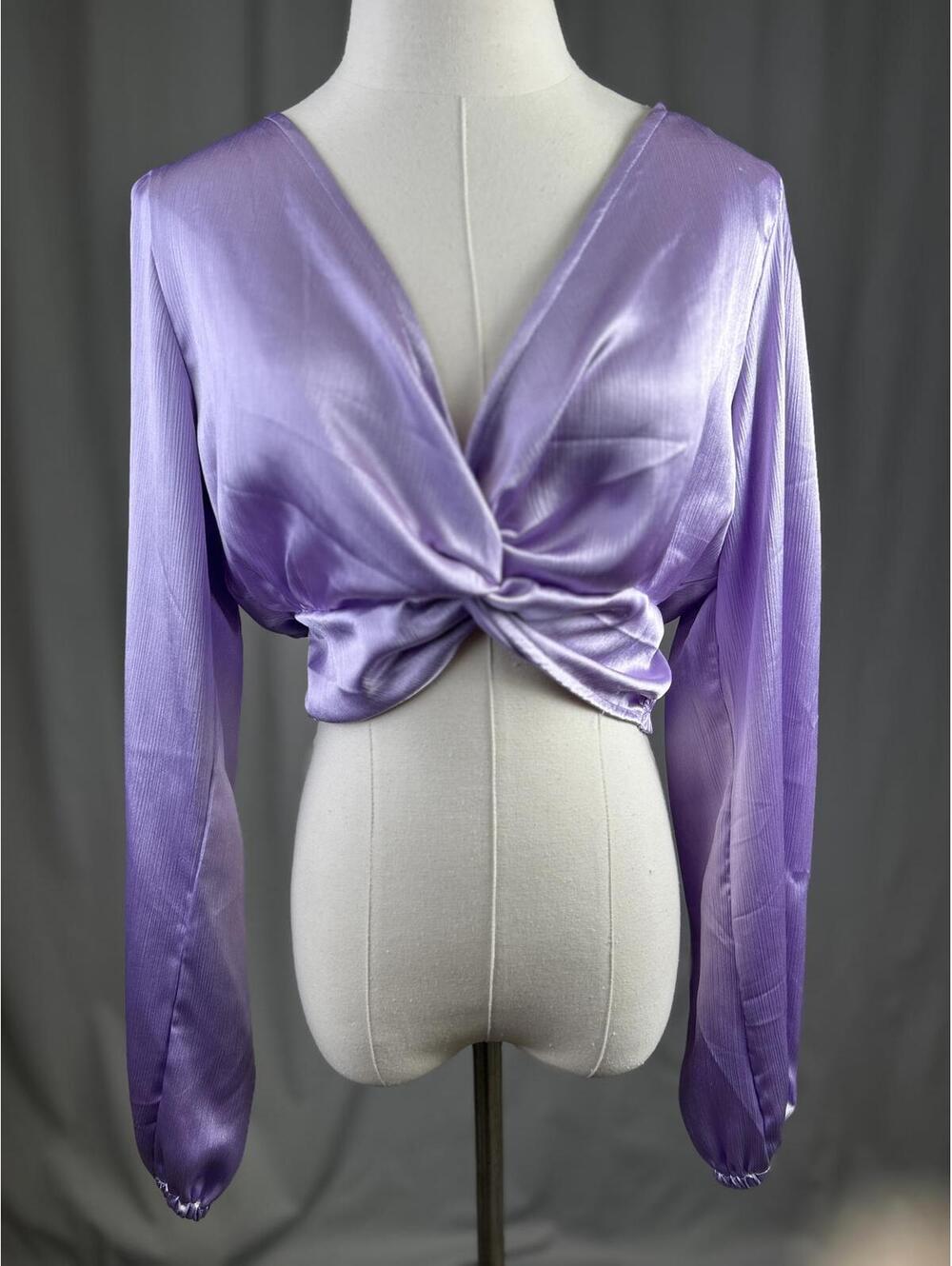 NWT Forever 21 Women's Lavender Satin Wrap Crop Lng Sleeve Top Med Whimsigoth